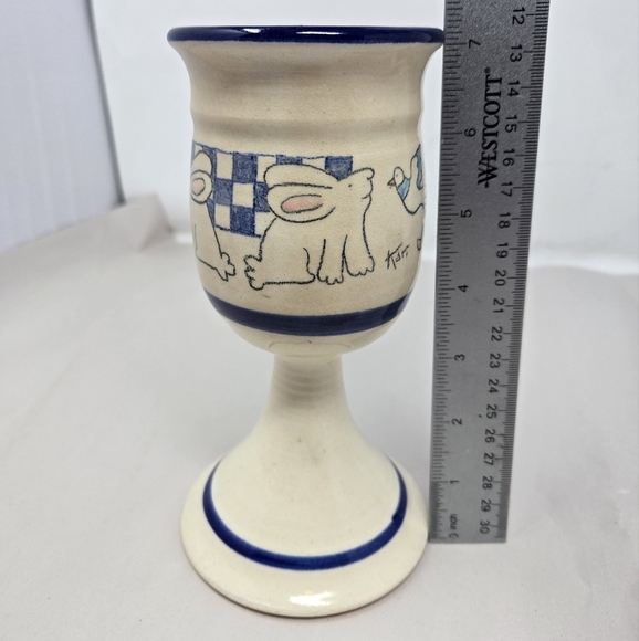 Studio Pottery Goblet Candle Holder Off White Blue Bunny Love Bird Nature Art - Picture 4 of 10